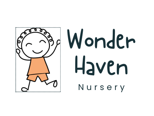 Logo for Wonder Haven Nursery. A hand-drawn stick figure child with a curved smile and curly hair wears an orange triangle dress/top and shorts. The child appears joyful with raised arms in a celebratory pose. The figure is enclosed in a dotted square frame. To the right, 'Wonder Haven' is written in a casual, handwritten-style font in teal, with 'Nursery' underneath in smaller, more formal text.